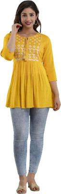 SK Creation Women Embroidered A-line Kurta(Yellow)