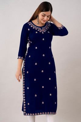 Udati Kaliya Women Embroidered Straight Kurta(Blue)