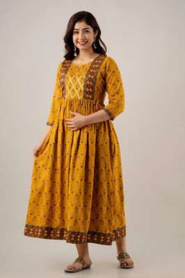 Clothonus Women Printed Anarkali Kurta(Yellow)