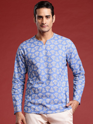 ANOUK Men Floral Print Straight Kurta(Blue)
