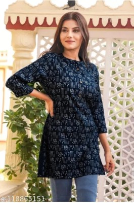 Aarti Fashion Women Printed, Woven Design A-line Kurta(Dark Blue, White)