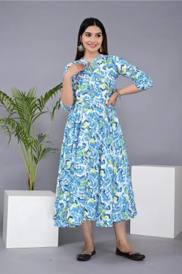 AnviTextile Women Self Design Flared Kurta(Blue)