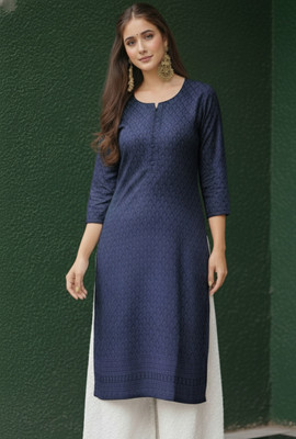 Clothify Women Chikan Embroidery Straight Kurta(Dark Blue)