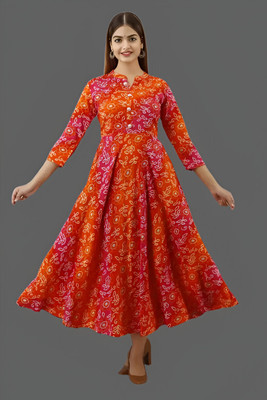 Armaa Fashion Women Printed Flared Kurta(Orange)