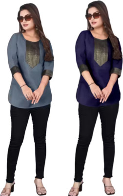 AAI MOGAL Women Solid Straight Kurta(Grey, Blue)
