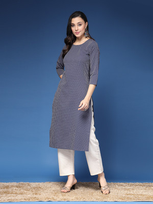 Divastri Women Striped Straight Kurta(Blue)