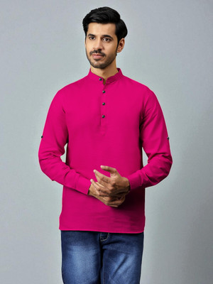 FireFish Men Solid A-line Kurta(Pink)