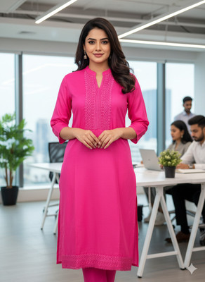 moksworm Women Embroidered, Solid Straight Kurta(Pink)