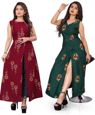 tanvi creation Women Floral Print Frontslit Kurta(Green, Maroon)