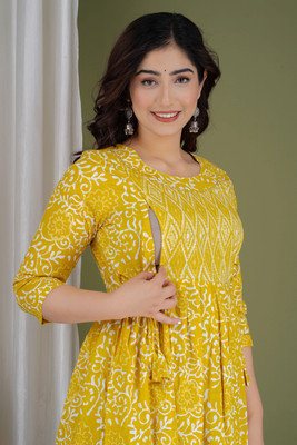 Fashion4Word Women Printed Anarkali Kurta(Yellow)