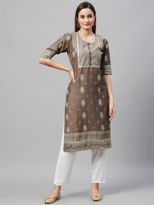 v tradition Women Printed Straight Kurta(Beige)