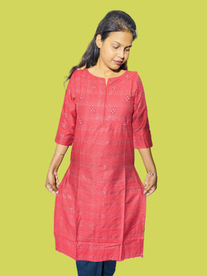 ABC Women Checkered, Embroidered A-line Kurta(Red)