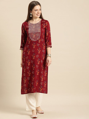 ANOUK Women Floral Print Straight Kurta(Maroon)