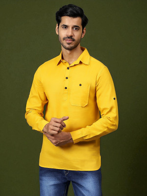 FireFish Men Solid A-line Kurta(Yellow)