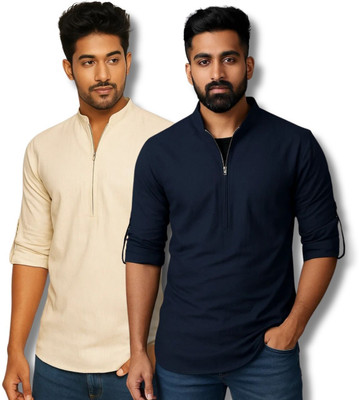 RANGFIT Men Solid Straight Kurta(Beige, Dark Blue)