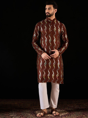 ANOUK Men Geometric Print Straight Kurta(Brown)
