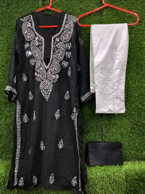 Handwork Chikankari Women Chikan Embroidery A-line Kurta(Black)