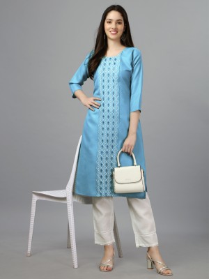 VETHIQ Women Embroidered Straight Kurta(Light Blue)