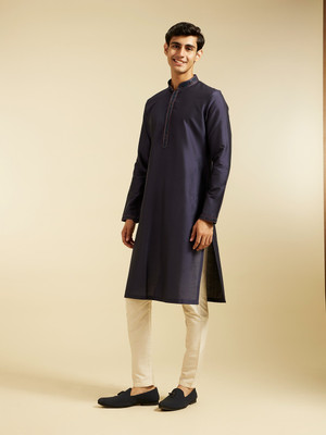 DIWAS by Manyavar Men Solid Straight Kurta(Dark Blue)