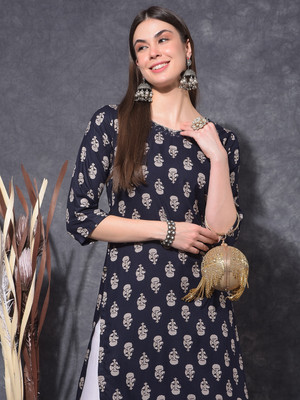 Mamoose Women Floral Print Straight Kurta(Dark Blue, Beige)