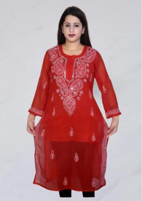 Khan SherajEnp Women Embroidered Straight Kurta(Red)