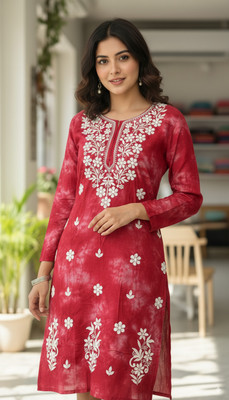 Chikankari Women Embroidered, Dyed/Ombre Straight Kurta(Brown)
