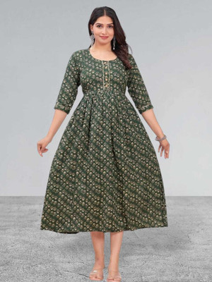 HOUSE OFF COMMON Women Printed Anarkali Kurta(Green)