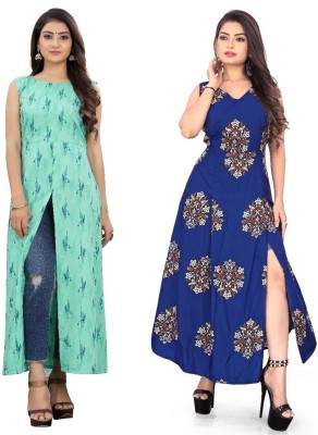 Hiral Creation Women Floral Print Frontslit Kurta(Blue)