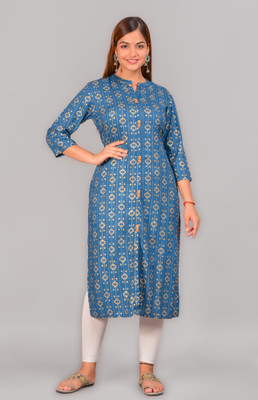NEW4U Women Printed Straight Kurta(Blue)