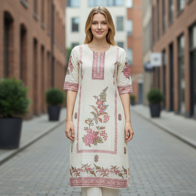 Bloututh Women Floral Print Ethnic Dress Kurta(Pink, White)
