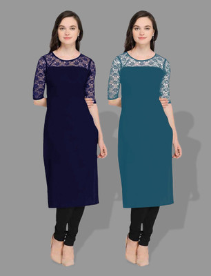 maaheshvi Women Self Design Straight Kurta(Dark Blue)