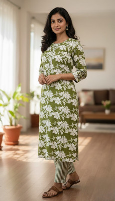 FABINA CREATION Women Printed Straight Kurta(Green, White)