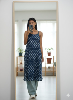 VALVEERA Women Printed Asymmetric Kurta(Blue)