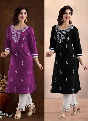 SISTO Women Chikan Embroidery A-line Kurta(Black, Purple)