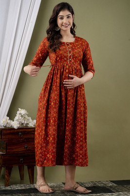 UrbanRang Women Printed Anarkali Kurta(Red, Yellow)