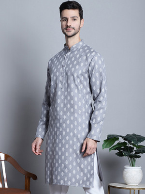 Jompers Men Floral Print Straight Kurta(Grey)