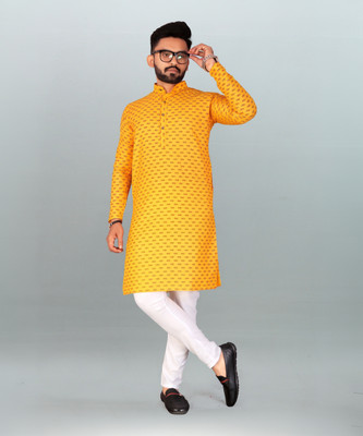 Divastri Men Printed Straight Kurta(Yellow)