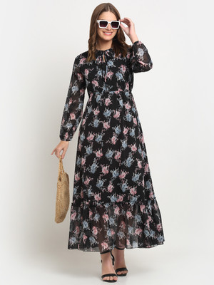 HouseOfCommon Women Floral Print A-line Kurta(Black)