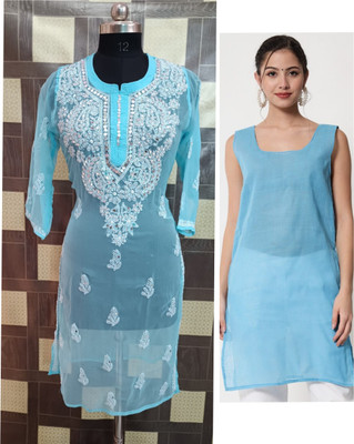 Neelam Chikan Women Chikan Embroidery, Embroidered Straight Kurta(Light Blue, White)
