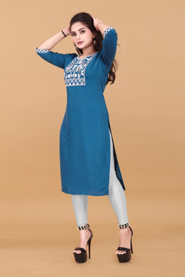 WOMENSILK Women Embroidered A-line Kurta(Blue)