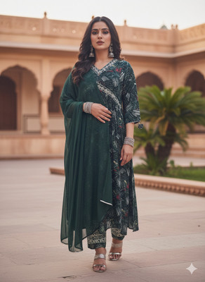 Kisu Women Printed Ethnic Dress Kurta(Dark Green)
