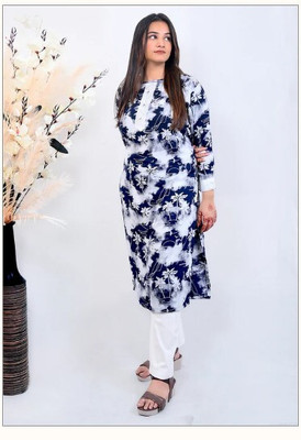 brozzo Women Printed, Ikat Straight Kurta(Dark Blue)