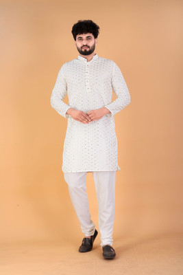 Keton Men Embroidered, Embellished Straight Kurta(White)