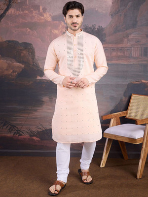 House of Pataudi Men Embroidered Straight Kurta(Pink)