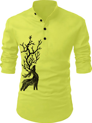 hfm Men Animal Print Straight Kurta(Light Green)