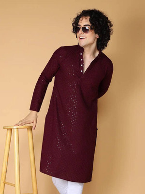 ADHIRAJAN Men Chikan Embroidery, Embellished Straight Kurta(Maroon)