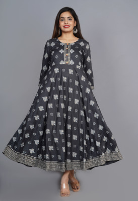 Neemiya Women Printed Anarkali Kurta(Grey)