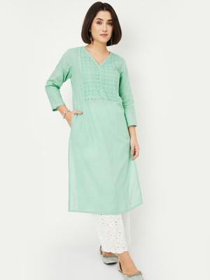 MAX Women Embroidered Straight Kurta(Green)