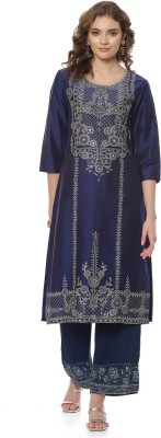 RANGRITI Women Embroidered Straight Kurta(Blue)