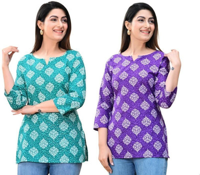 GURUFASHIONS Women Printed Straight Kurta(Blue, Purple)